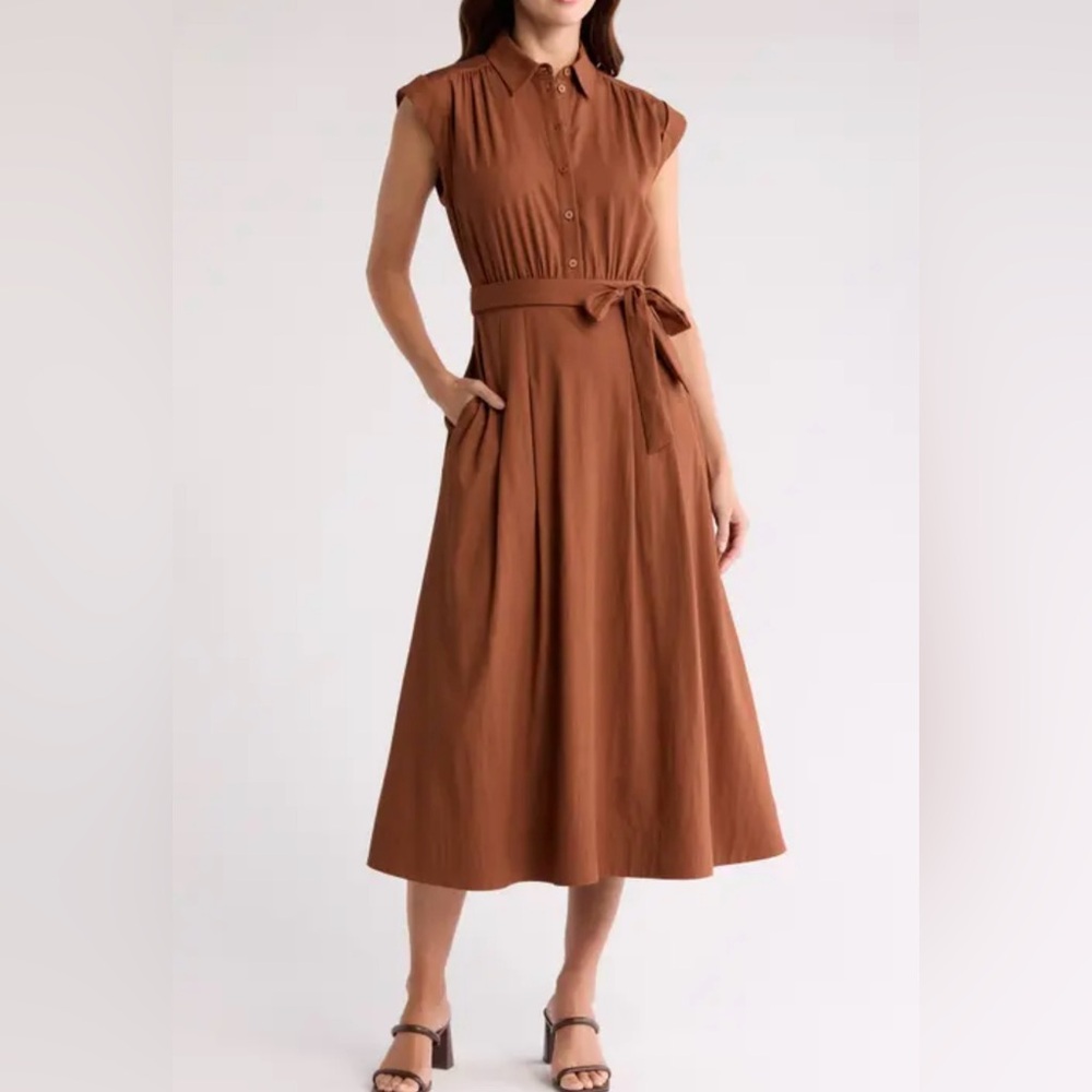 Mila Mae Sleeveless Brown Midi Shirtdress, Size Medium